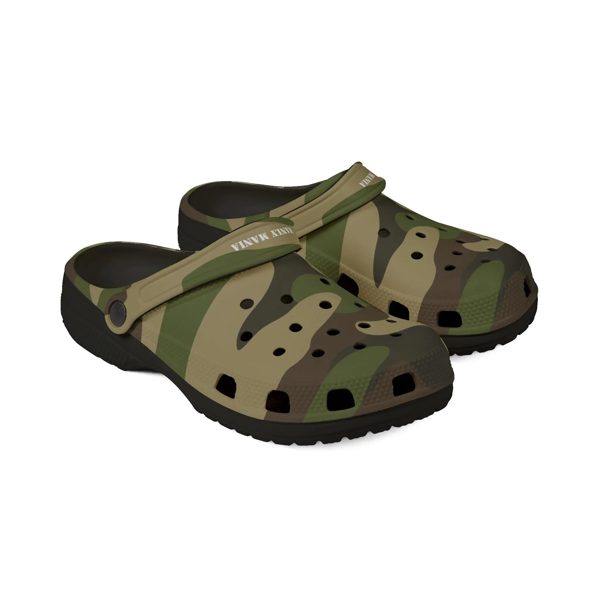 Manly Mania Camo Clogs Round Toe Summer Home Wear Plain Camo Print Lightweight EVA Anti-Slip Sole Removable Charms Comfortable Stylish US Made Ethically Produced