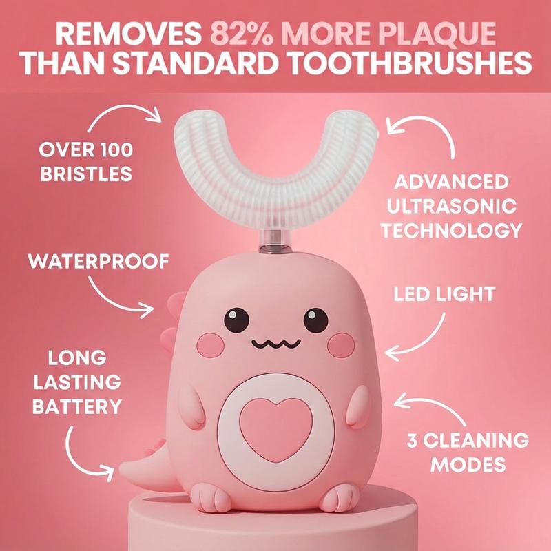 Kids U Shaped Electric Toothbrush with 3 Brush Heads, Sonic Toothbrush Kids with 5 Modes, Cartoon Dinosaur 360-Degree Cleaning IPX7 Waterproof Design