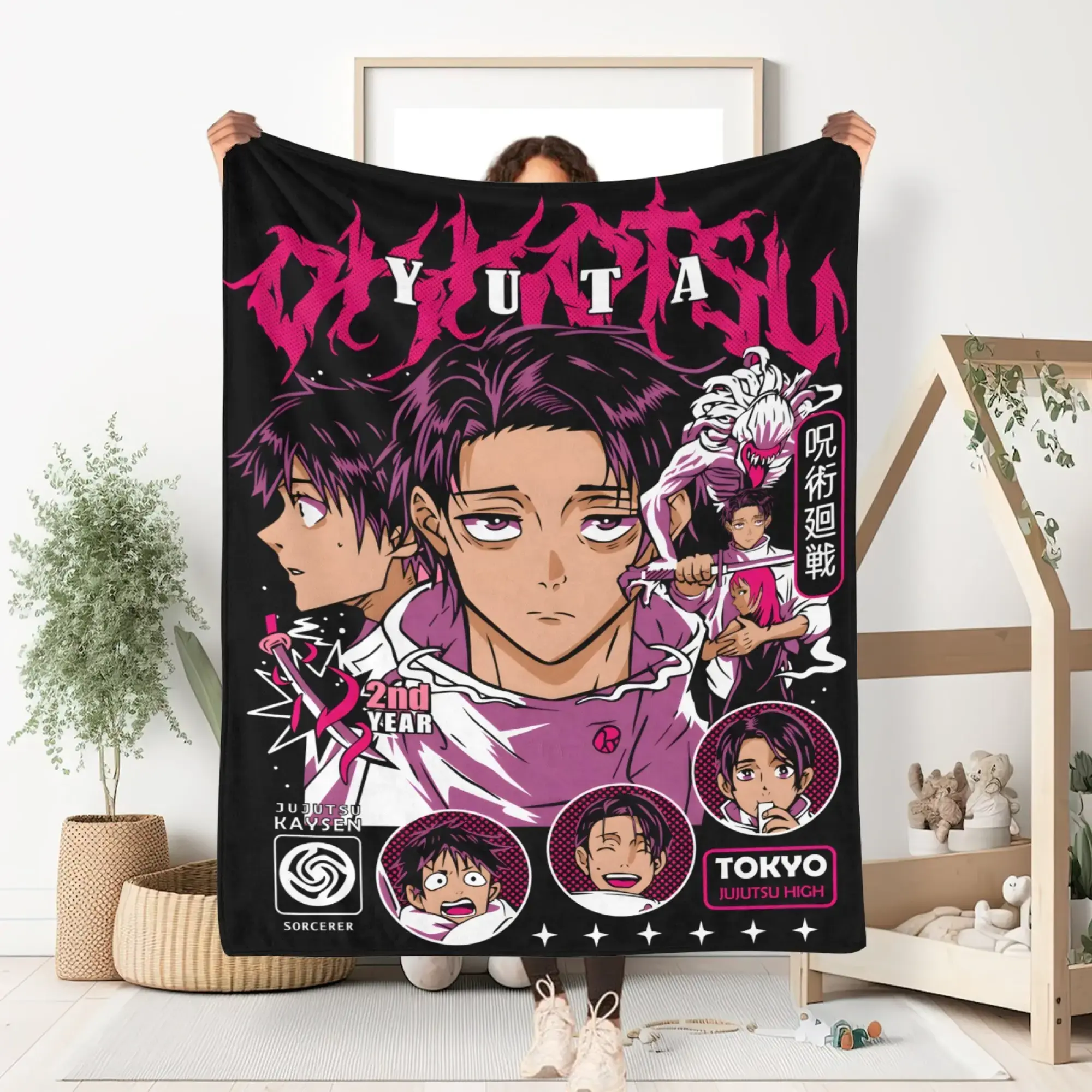 Jujutsu Kaisen Yuta Okkotsu Fleece Throw Blanket, Soft Plush Flannel with Rika Orimoto Graphic for Couch Bed Dorm Gaming Nook, Unisex Birthday Christmas Valentine Gift for Men Women Teen Anime Manga Fans Cozy Bedding Throw