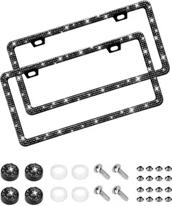 Bling License Plate Frame for Women, 2 Pack Sparkly Rhinestone License Plate Holder,  Stainless Steel   Accessories License Plate Cover with Glitter  CapsBlack