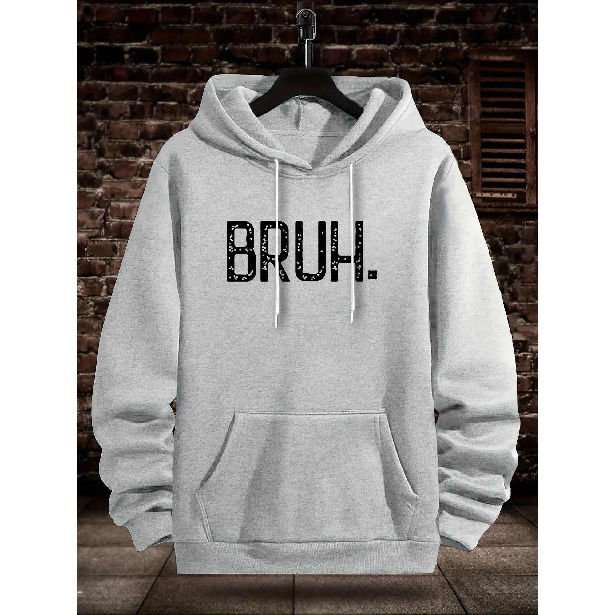 Men's "BRUH" Graphic Hoodie - Menswear Tops, Casual Cotton-Polyester Knitted Pullover Sweatshirt, Navy Blue Regular Fit for Autumn Winter, Hand Wash, Custom Print, All Over Print, Micro Elastic, Fabric, Printed