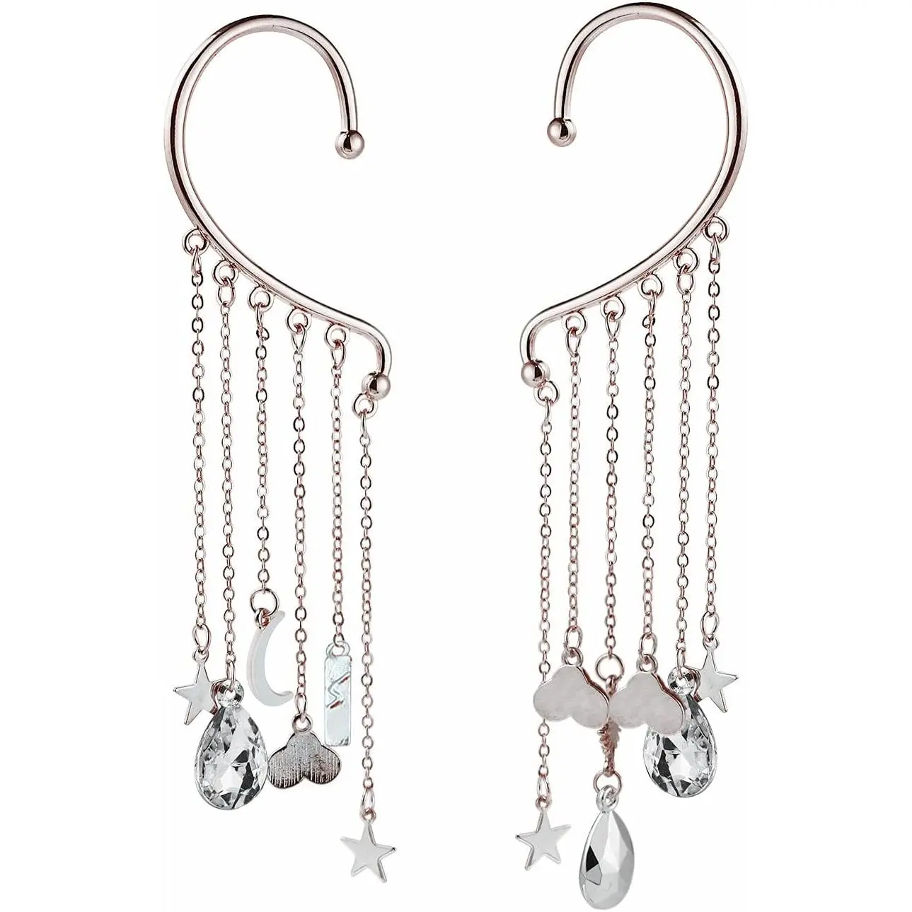 Boho Celestial Ear Cuff and Crawler Earrings Set for Women, Sun Moon Star Charms with Dangle Chain Tassel, Non-Piercing Hypoallergenic Jewelry