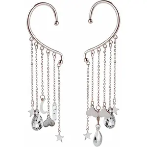 1 Pair Boho Sun, Moon and Stars Hanging Ear Tassel Cuff Earrings Set Angel Tears Pendant Crawling Hook Wrap Earrings Personalized for Women Non Piercing Jewelry