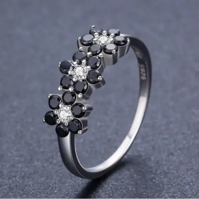 Elegant Silver Plated Black Spinel Triple Flower Ring