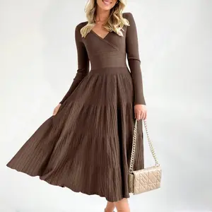 Womens Long Sleeve Midi Sweater Dress Wrap V Neck Pleated A Line Fit Flare Elegant Knit Maxi Dress