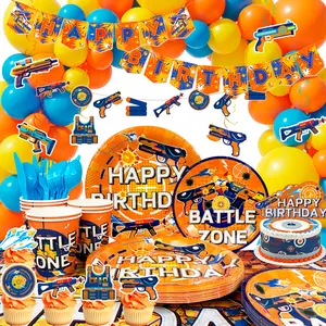 232pcs Dart War Party Decorations Supplies for kids, Dart War Birthday Decorations Tableware Set, Dart Cupcake Toppers Banner Balloons Dart War Plates Tablecloth Hanging Swirls etc Dart Gun Party Decorations for kids