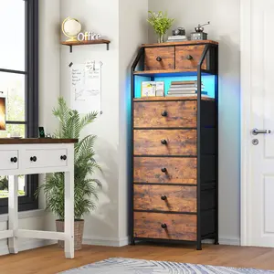 RaybeeFurniture Tall Dresser with LED Lights, 6/7Drawer Nightstand with Open Wood Shelf & Fabric Bins, 51.2" H Bedroom Chest of Drawers with Metal Frame, Bedside Storage Cabinet [Falldealsforyou]