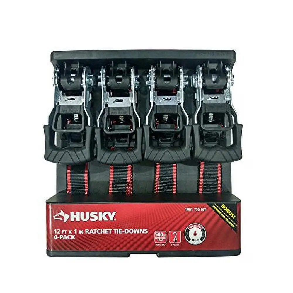 Husky 4 Pack Storage Heavy Duty Tie-Down Ratcheting, Polyester Black HUSKY
