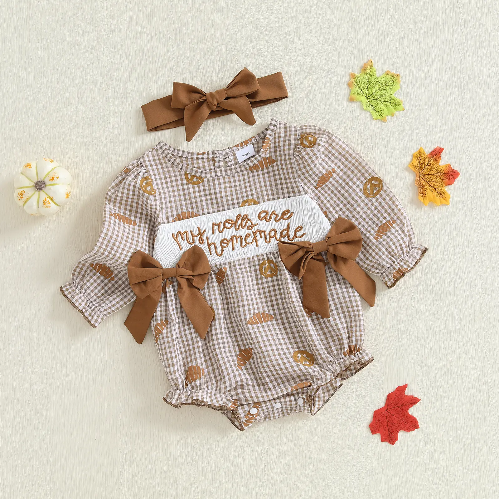 Baby Girls' Newborn Outfits 2-Piece Plaid Embroidered Long Sleeve Rompers Set - Cotton Blend Fall Thanksgiving Bodysuit Set, Infant Toddler Clothes, Headband Included, Printed Bodysuit Set