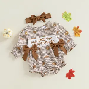 Baby Girl Thanksgiving Outfit Plaid Croissant Letter Embroidered Long Sleeve Romper and Headband 2 Piece Fall Set Adorable Letter Print Baby Romper