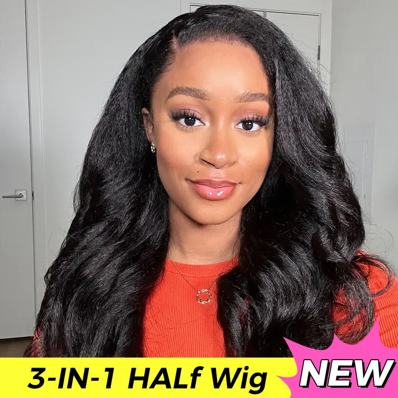 [3 In 1 Half Wig] OQ HAIR Kinky Straight Half Wig Yaki Straight Wavy Easy Wear Go Wig No Glue With Drawstring Invisible Hairline Butterfly Cut Human Hair Glueless Wigs #SummerVibes