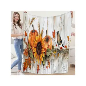 Vibrant Autumn Harvest Rustic Tapestry with Pumpkins, Sunflower, Bird & Fall Foliage on Rustic Wooden Backdrop
