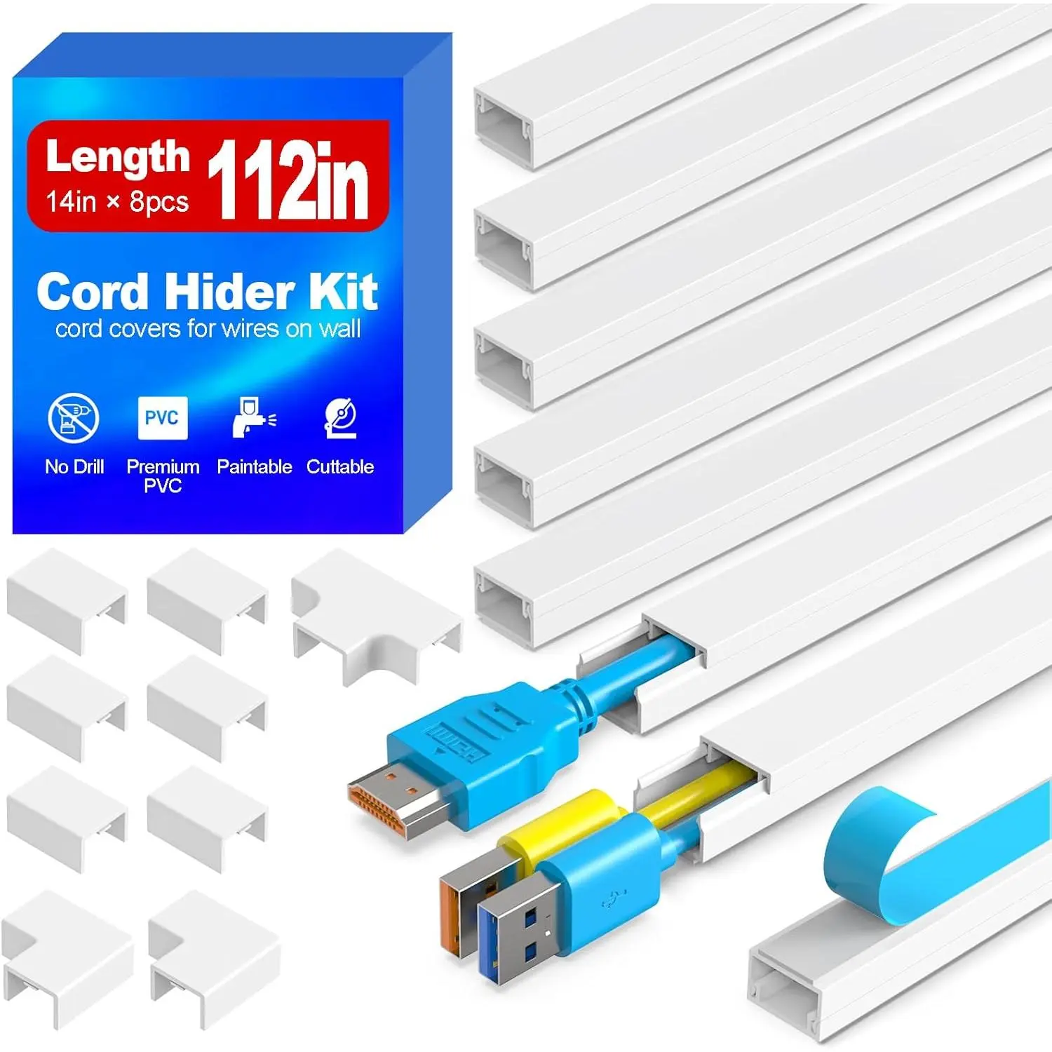 112in Cord Hider Kit, Cord Covers for Wires  Wall,  -Cord  Hider, Paintable  Raceways, Self-Adhesive Wire hiders for TV, 8xL14inxW0.59inxH0.4in, White