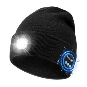 MUSIC LED Beanie Hat with Bluetooth, Rechargeable Hat with 3-Mode Headlamp & Hands-Free Calling,Warm Knit Cap for Men and Women,Black