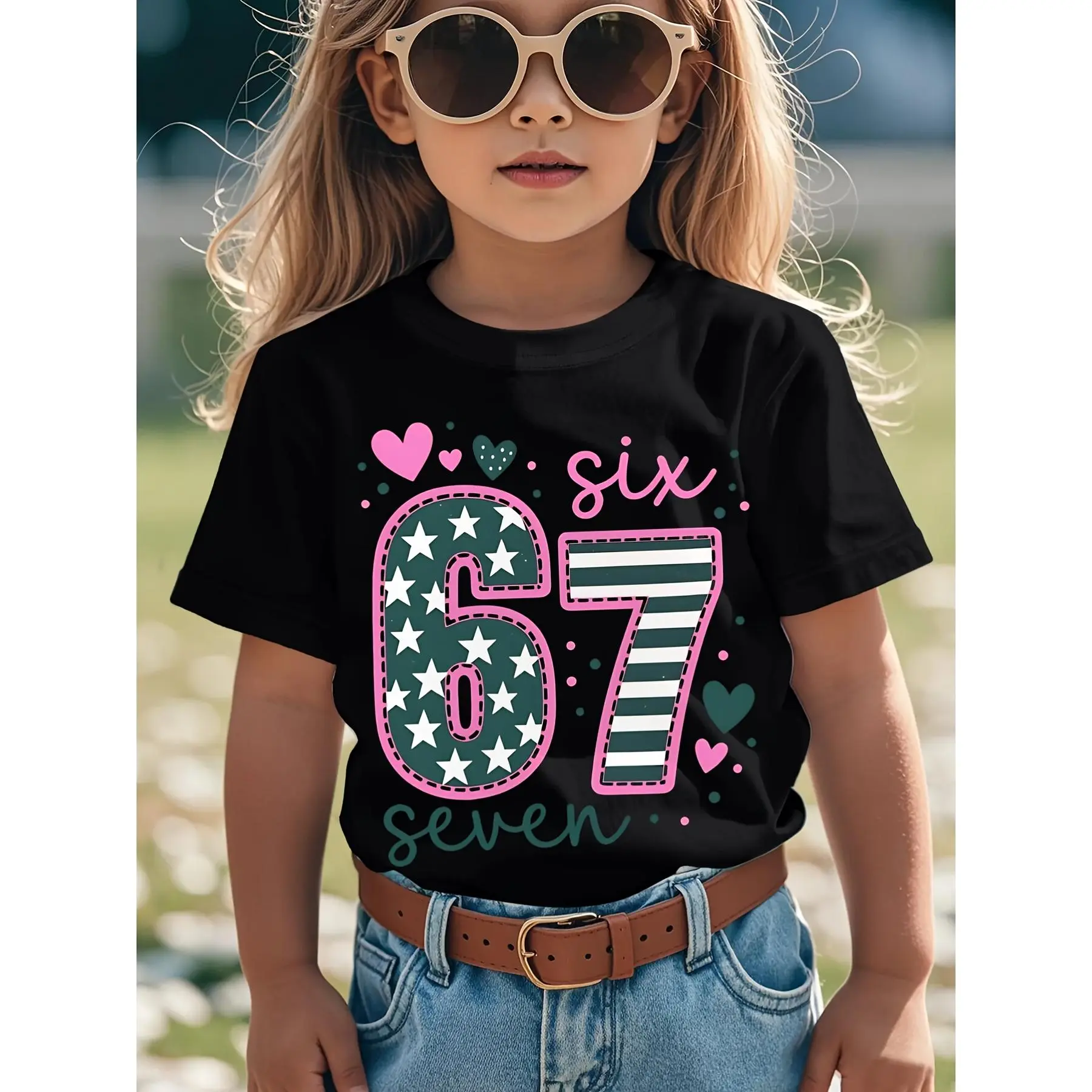 Six Seven 'raphic T-Shirt - 67 Number Design with Hearts & Stars, -in-the-Dark Style, Soft Breathable Short Sleeve Round Neck Casual Streetwear Tee for Boys & Girls, All-Season Fit - Ideal for Birthday Party Outfits & Casual A