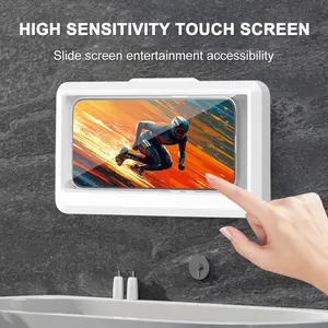 Shower Phone Holder Waterproof, Anti-Fog Touch Screen Wall Mount Case, 360° Rotatable Punch-Free ABS Phone Box for Bathroom Kitchen Bathtub Up to 7 Inch