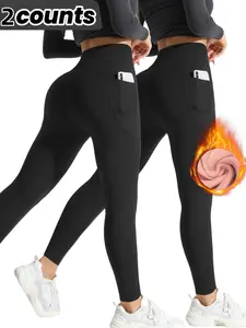 Women's High-Waisted Fleece-Lined Leggings with Pockets, Adjustable Waistband, Gym Workout Leggings, Perfect for Yoga, Winter Sports