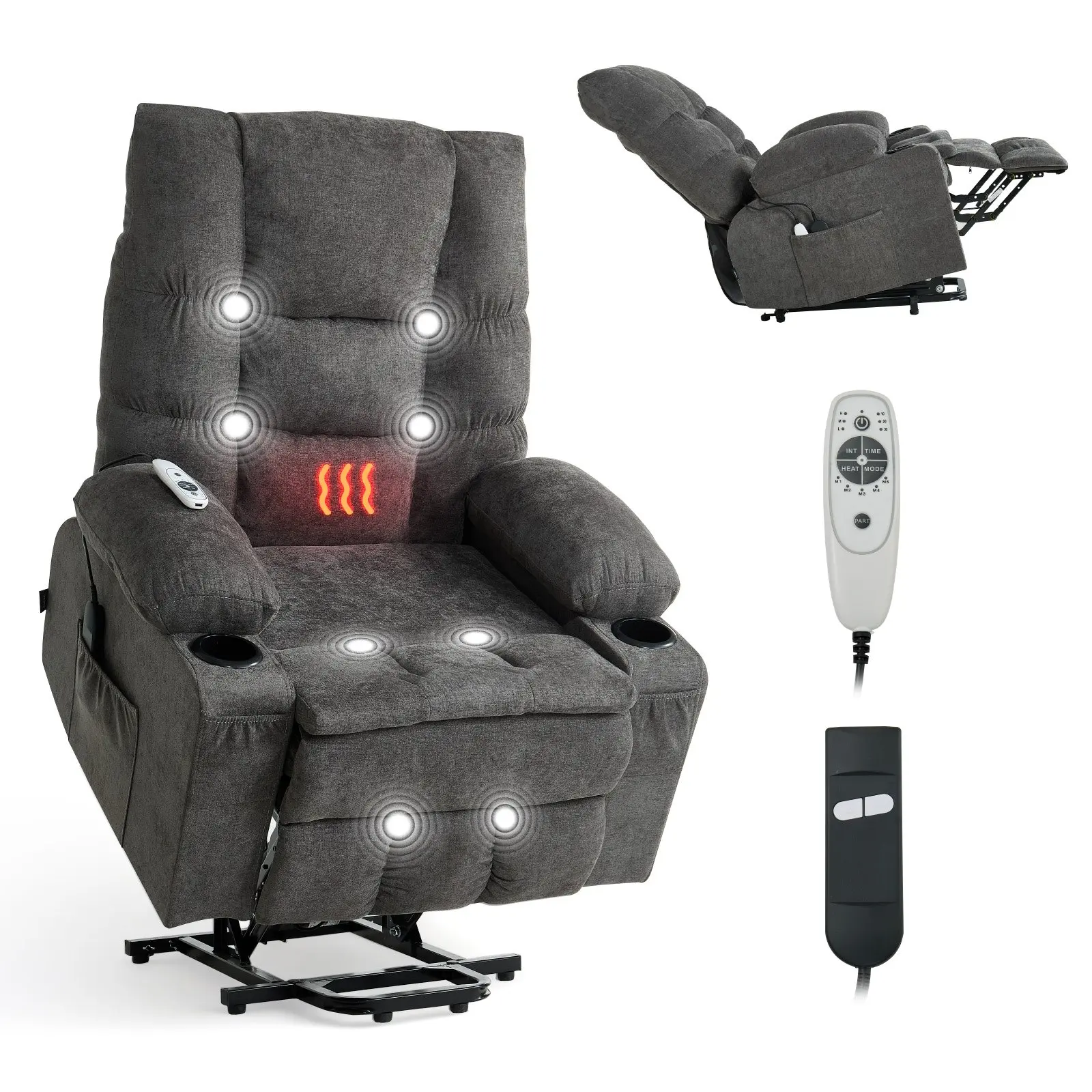 VEVOR Power Lift Recliner Chair, Large Electric Lift Chair with Heat and Massage for Elderly, Infinite Position Adjustment, Chenille Fabric, with Side Pockets, Cup Holders and USB Port, Dark Gray