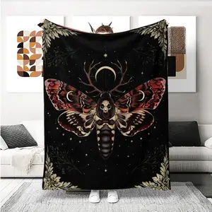 Modern Reversible Moth & Antler Print Blanket, flannel throw blanket, All-Season Polyester Flannel, Cartoon Theme, Non-Woven, Lightweight, Office Nap, Home Decor, Gift