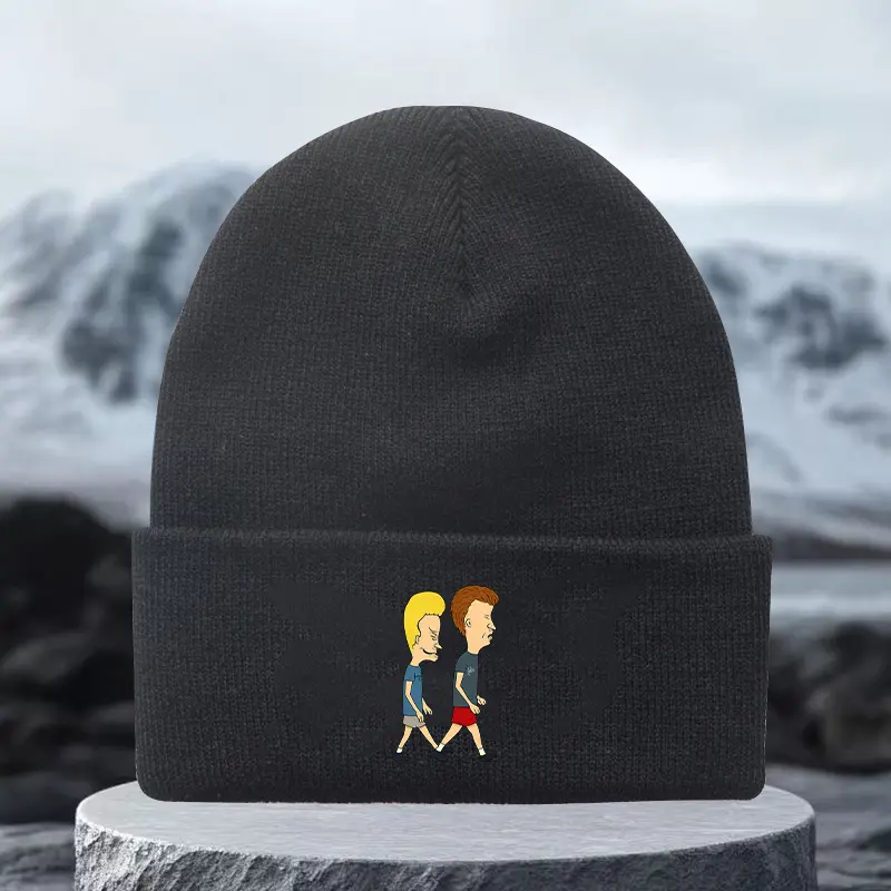Graphic Beanie with Beavis and Butt-Head Logo, Soft Stretchable Cuffed Hat for Men and Women, Winter Accessory for Outfits, Outdoor, Acrylic, Breathable, Casual, Commute, Fitted, Hand Wash Only, Heat Insulating, Skin-Friendly, Unisex, One Size