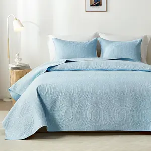 【Father's Day Gift】Queen Quilt Bedding Set, Sky Blue Ultrasonic Queen/King Quilt Set, Lightweight Soft Bedspread Coverlet, Modern Style Coin Pattern Bed Cover for All Seasons, 3 Piece (1 Quilt, 2 Pillow Shams)