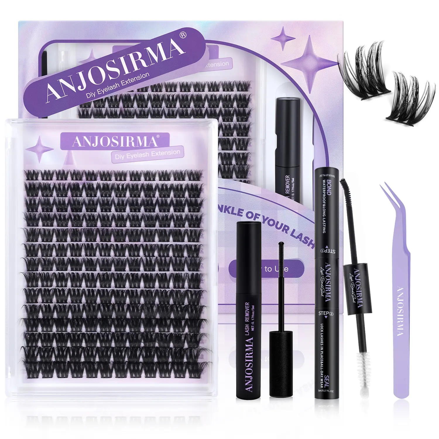 ANJOSIRMA DIY Lash Clusters Waterproof Long-Lasting Fluffy and Weightless look Individual Eyelash Extensions with Ultra-Thin Band Bond & Sea l& Remover Makeup For Girls Beginner Friendly
