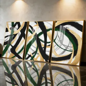 3 Count Aluminum Alloy Frame Canvas， Fashion Poster Abstract Black Gold Green Lines， Modern Living Room Decoration， Light Luxury Family Art， Suitable For Bedroom， Corridor And Office Wall Decor， Gift