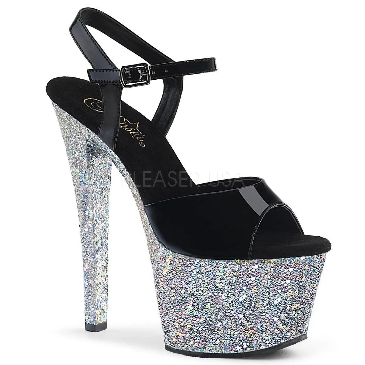 Women's Elegant Platform High Heels with Ankle Strap, Silver Glitter Finish, 7-inch Stiletto Heel and 2.75-inch Holographic Platform, SKY-309LG, Heeled