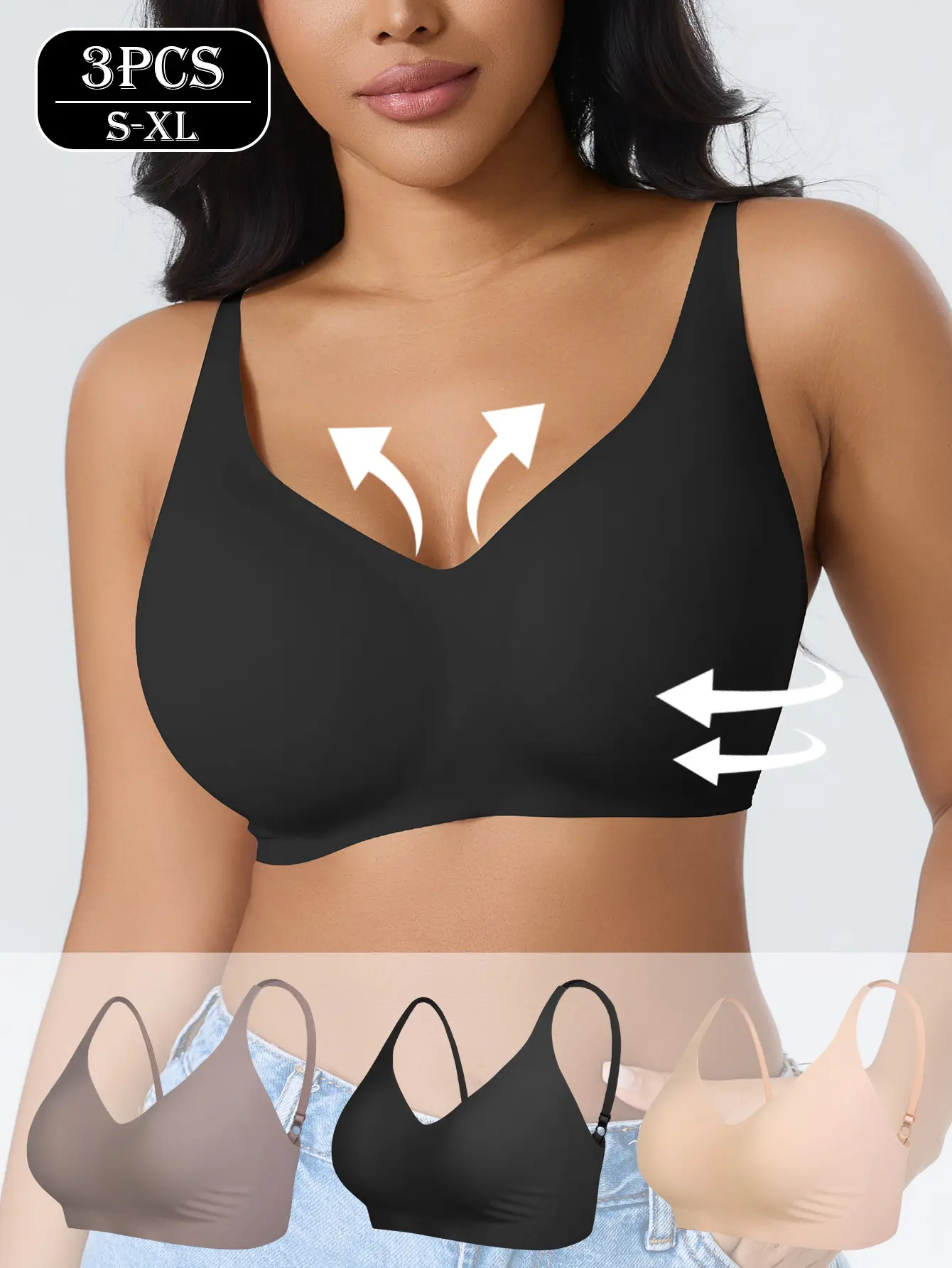 Women 3PCS Ice Silk Seamless Bra, Wire Free V Neck Push Up Support Bralette, Invisible Smooth Sleep Bra with Adjustable Straps for Daily Wear