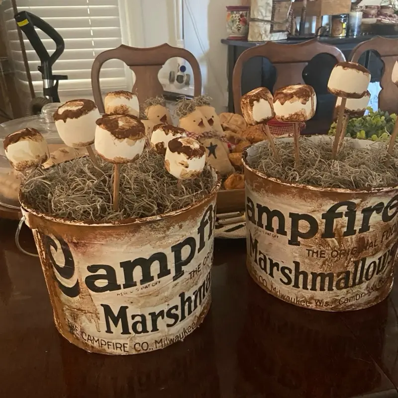 Campfire Marshmallows - The Original Campfire Co. Milwaukee Wi - Decorative Display in Rustic Buckets