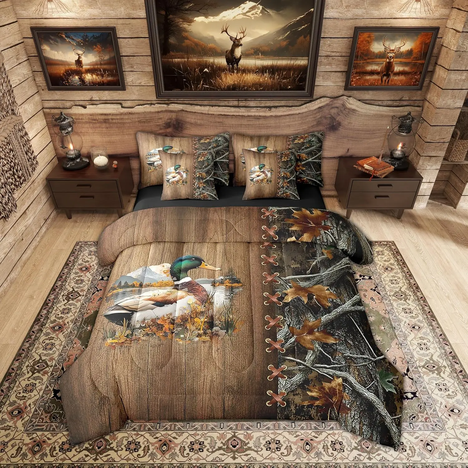 Feelyou 7-Piece Microfibre Luxury Bedding Set - Breathable Fabric Camo Print Comforter, Rustic Hunting Lodge Style for Home Bedroom Cozy Setup, with Animals, Woodland Leaves, Tree Patterns, Machine Washable, Multi-Size