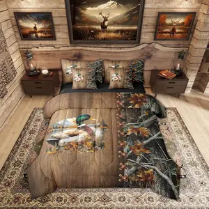 Camo Mallard 7 Piece Sheet Set,Hunting Lodge Comforter,Rustic Cabin Country Wildlife Woodland Leaves Tree Pattern Bed Set