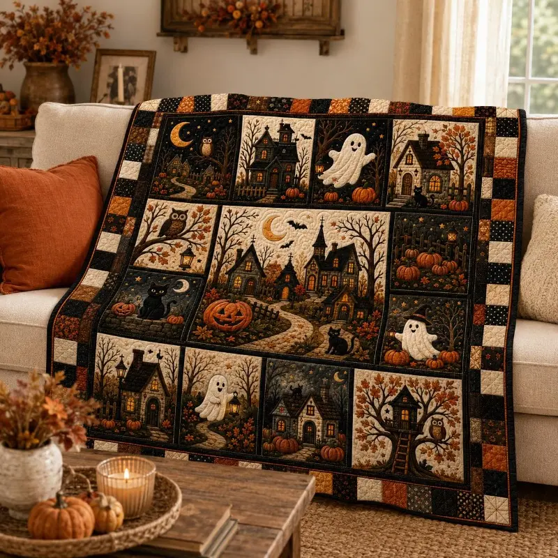 Halloween Premium Quilt Blanket, Black Cat in Teapot Pumpkin Ghost Haunted House Floral Patchwork Throw, Cozy Flannel Bedding Blanket for Autumn Bedroom Decor, Sofa Couch Bed, Spooky Fall Home Gift