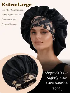 Unisex Wide Brim Sleep Cap, Sleeping Bonnet with Elastic Band, Soft Smooth Fabric, Floral Leopard Print, Suitable for Curly and Straight Hair, Curly Hair Nightcap