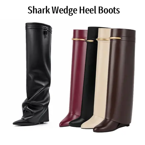AMINUGAL Fold Over Knee High Boots for Women Covered Wedge Heel  Boot Pointed Toe Wide Calf Pull-On Boots Walking Shoes Footwear