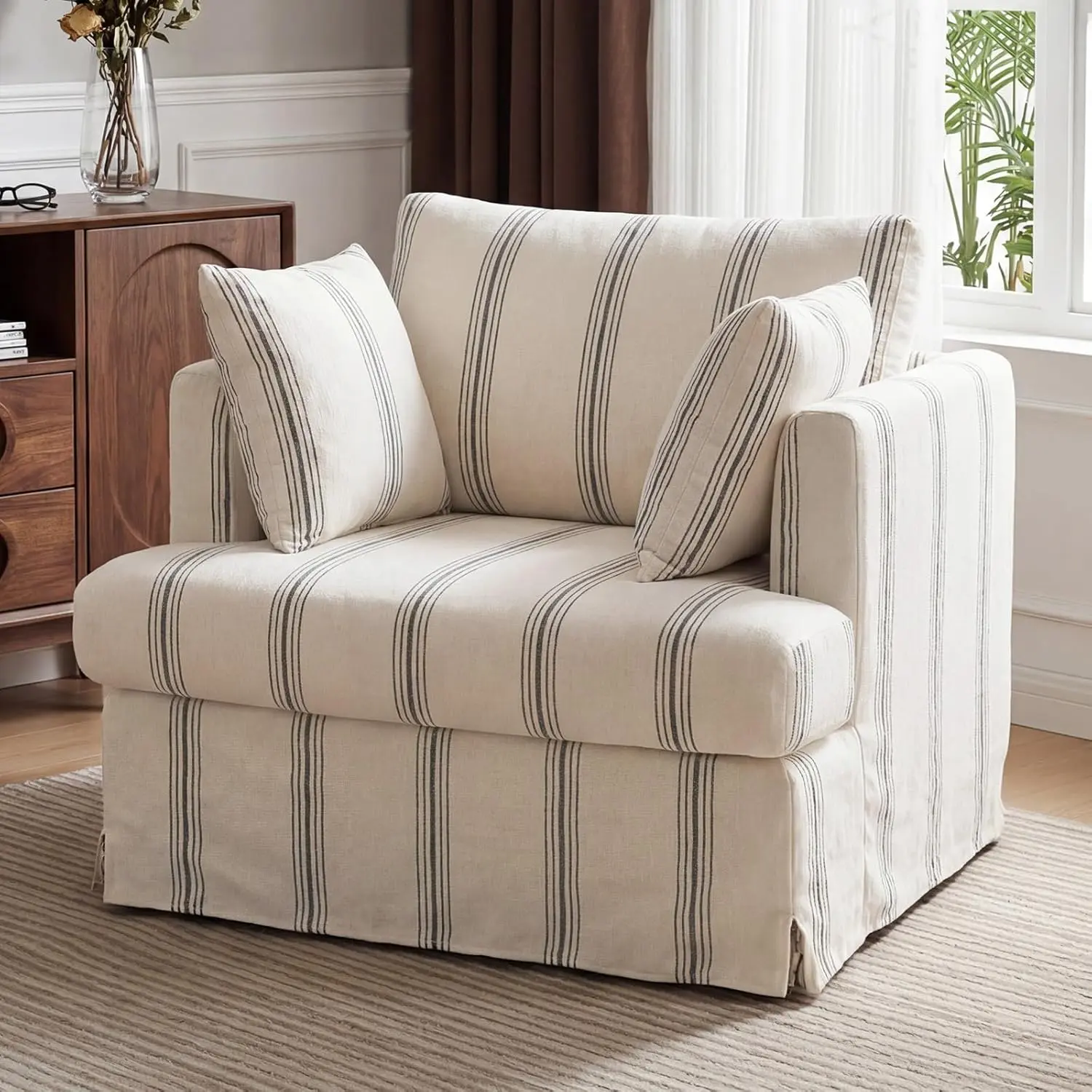 Chenille Stripe Coastal Oversized Tub Chair - 40.2" Upholstered Single Furniture with Removable Cover, Plush Backrest, 2 Pillows for Living Room, Bedroom