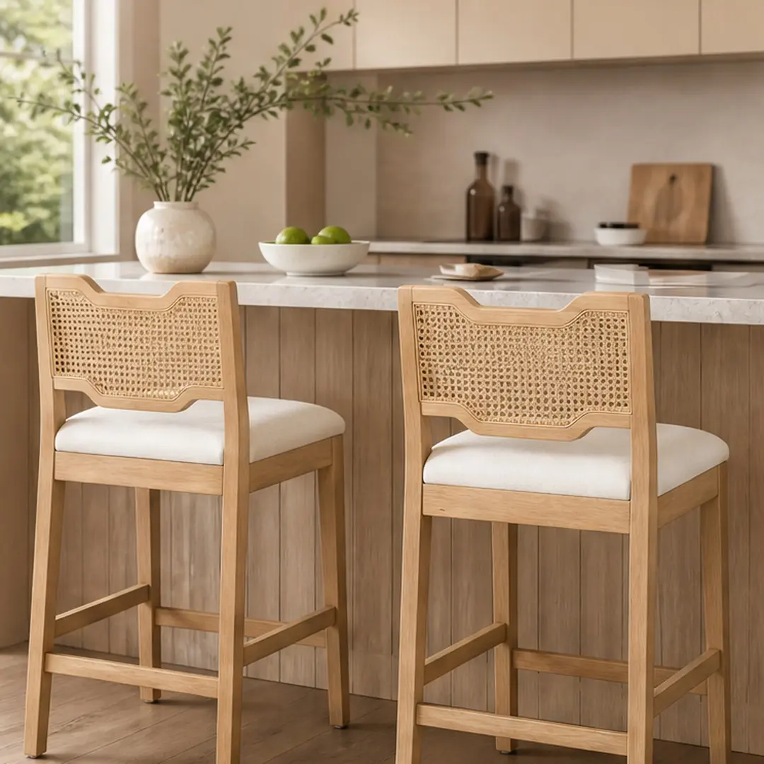 Farmhouse Barstools Set of 2, Upholstered Armless Iron Counter Stools with Natural Rattan Backrest, Beige Fabric Seat, Rubber Wood Frame, Foam Cushion, 28 Inch Height for Kitchen Dining Island Table, Boho Style, Beige+Natural Color Options