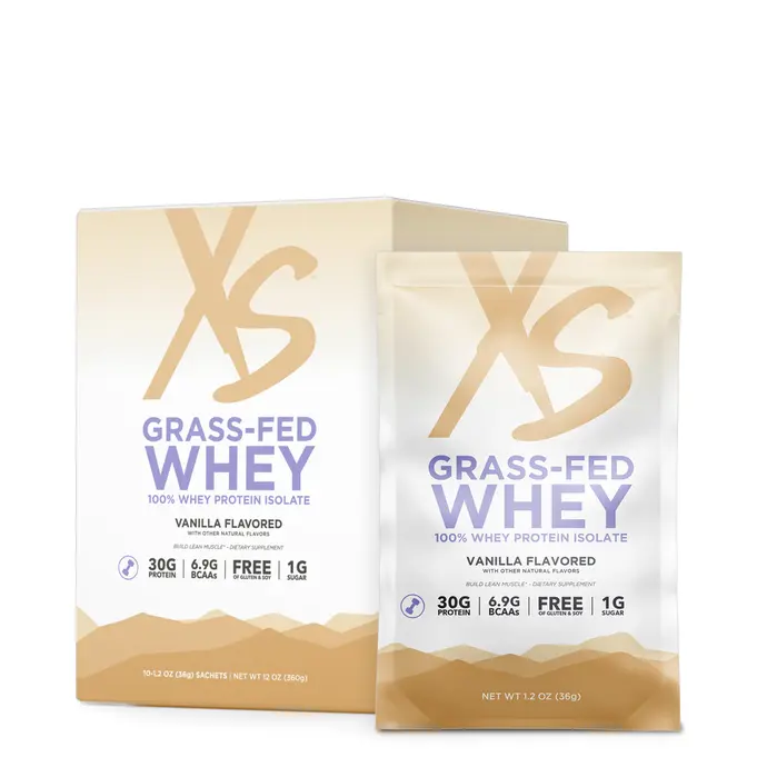 Amway XS Grass-Fed Whey Protein Vanilla, 10 Ready-to-Mix Sachets, 30g Protein Per Serving, Protein Powder Drink Mix, Single-Serve Packets, Vanilla Flavor, Fitness Nutrition, Convenient Travel Pack, Dietary Supplement