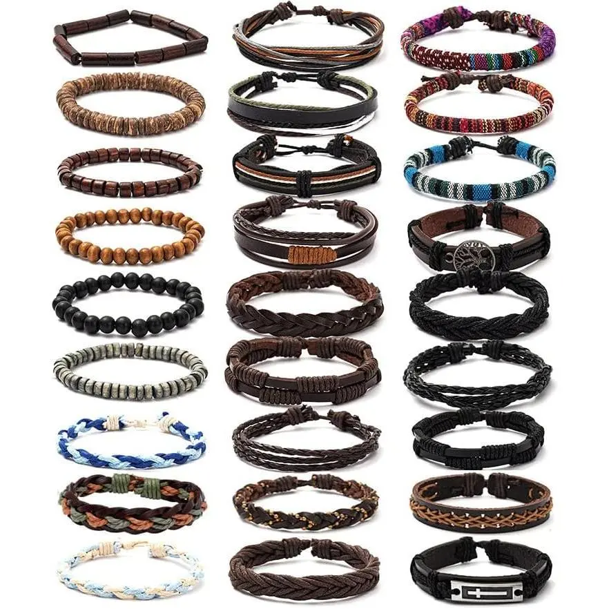 Fashion Casual 27-Piece Handmade Stackable Bracelets Set - Braided Leather, Beaded Adjustable Ethnic Tribal Wristbands for Men-Women Jewelry with 90 Days Return and Exchange, Handmade Cuff Bracelets, Bracelets For Women