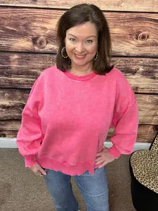 Plus Acid Wash Fleece Oversized Pullover, Fuchsia