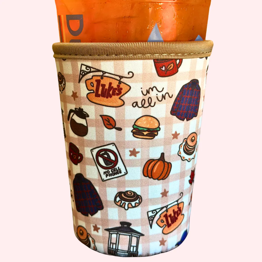 GG Fall Plaid Drink Sleeve - Fits 16-32 oz Drinks, Gilmore Girls Inspired, Fall Lukes Diner Design with GG Icons & Brown Trim for Fan Drinkware