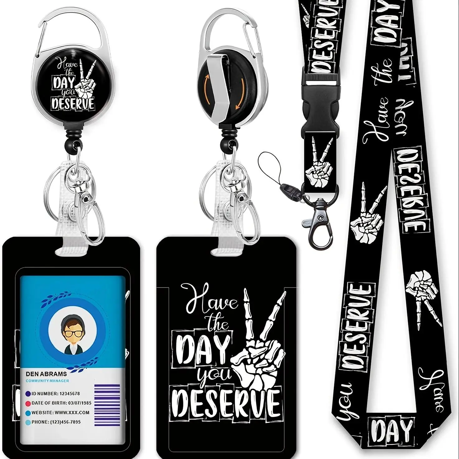 Retractable Badge Holder with Detachable Lanyard, 1 Set Funny V-sign Pattern ID Badge Holder for Office, School, Hospital
