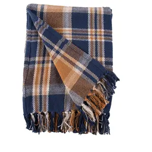 C&F Home Navy, Gold & Orange Plaid 100% Cotton Accent Throw Blanket With Fringe Tassels 50" x 60"