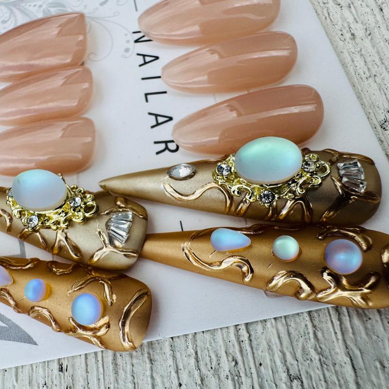 Royal Armor Gold Gem Stiletto Press-On Nails - Handmade Nude & Metallic Tips with 3D Opal Stones and Baroque Crown Accents