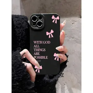 1pc Minimalist Pink Girly Bow Slogan Black Cat Eye Full Coverage Phone Soft Case, Compatible With IPhone 11/12/13/14/15/16 /17 Pro Max