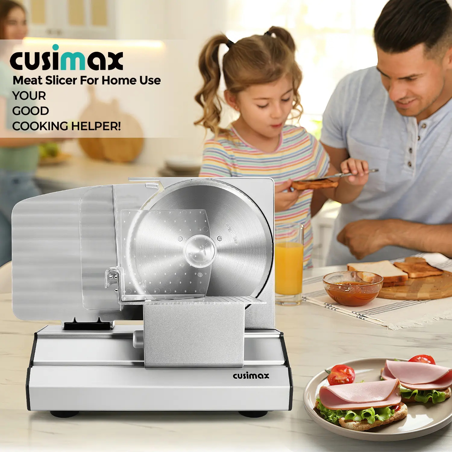 CUSIMAX Meat Slicer,Electric Deli Meat Slicer with 2 Removable 8.7''Stainless Steel Blades,Removable Food Carriage,1-20mm Adjustable Thickness Food Slicer for Home,Easy for Cut Meat,Cheese,Bread,commercial meat slicer deli premium sus420 blade,SummerFinds