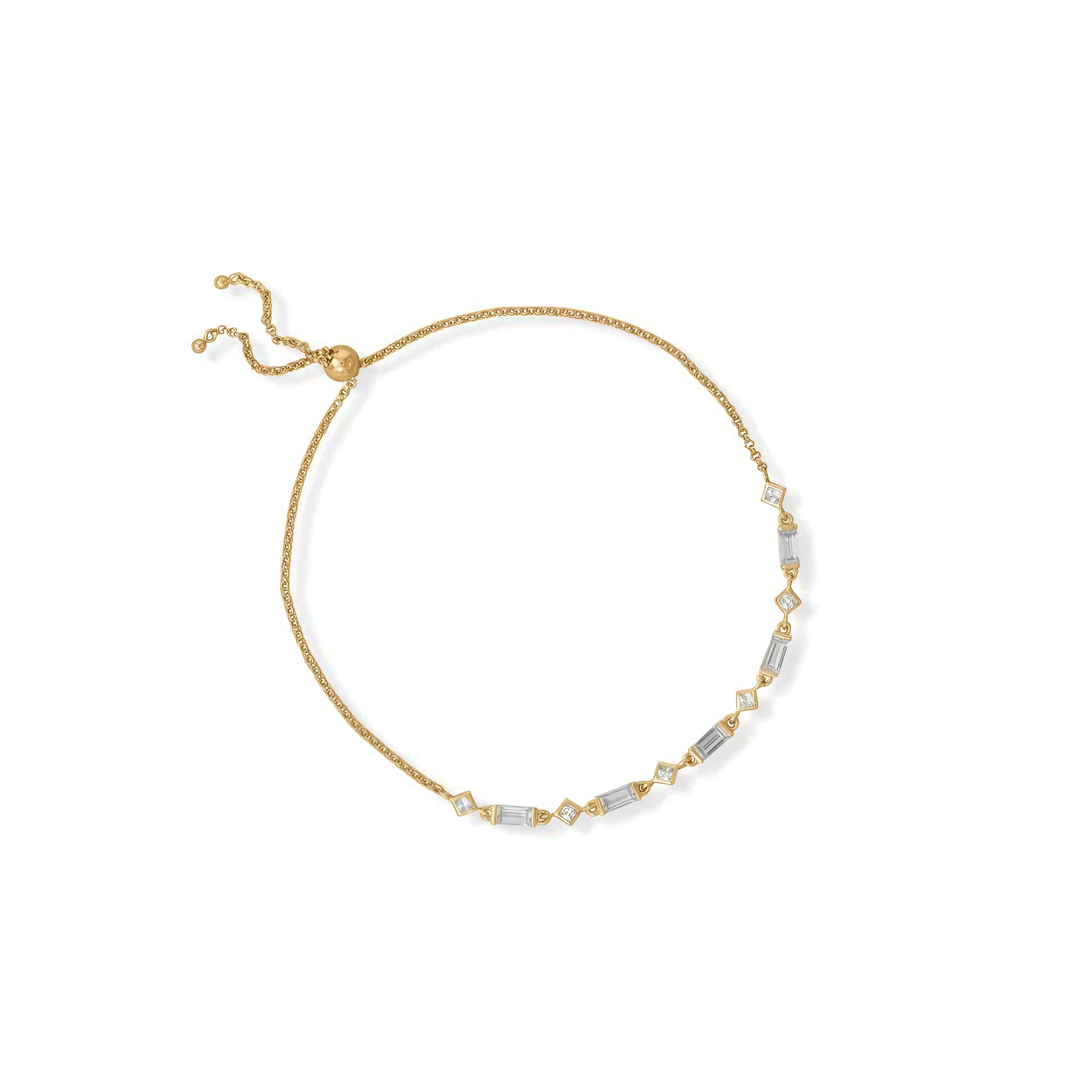White CZ Baguette Bolo Bracelet 14K Gold Plated 925 Silver Adjustable 11in