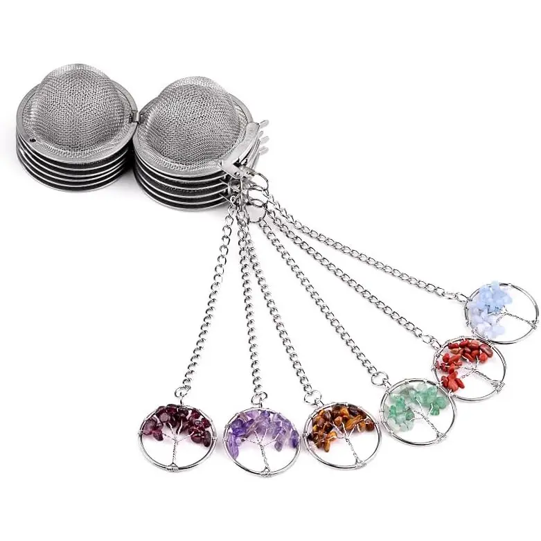 5 Pcs Tea Filter Stainless Steel with Life Tree Crystal Energy Stone Tea Strainers with Fine Mesh Extend Chain Hook Tea Ball Infuser for Loose Tea Leaves Spices Seasonings