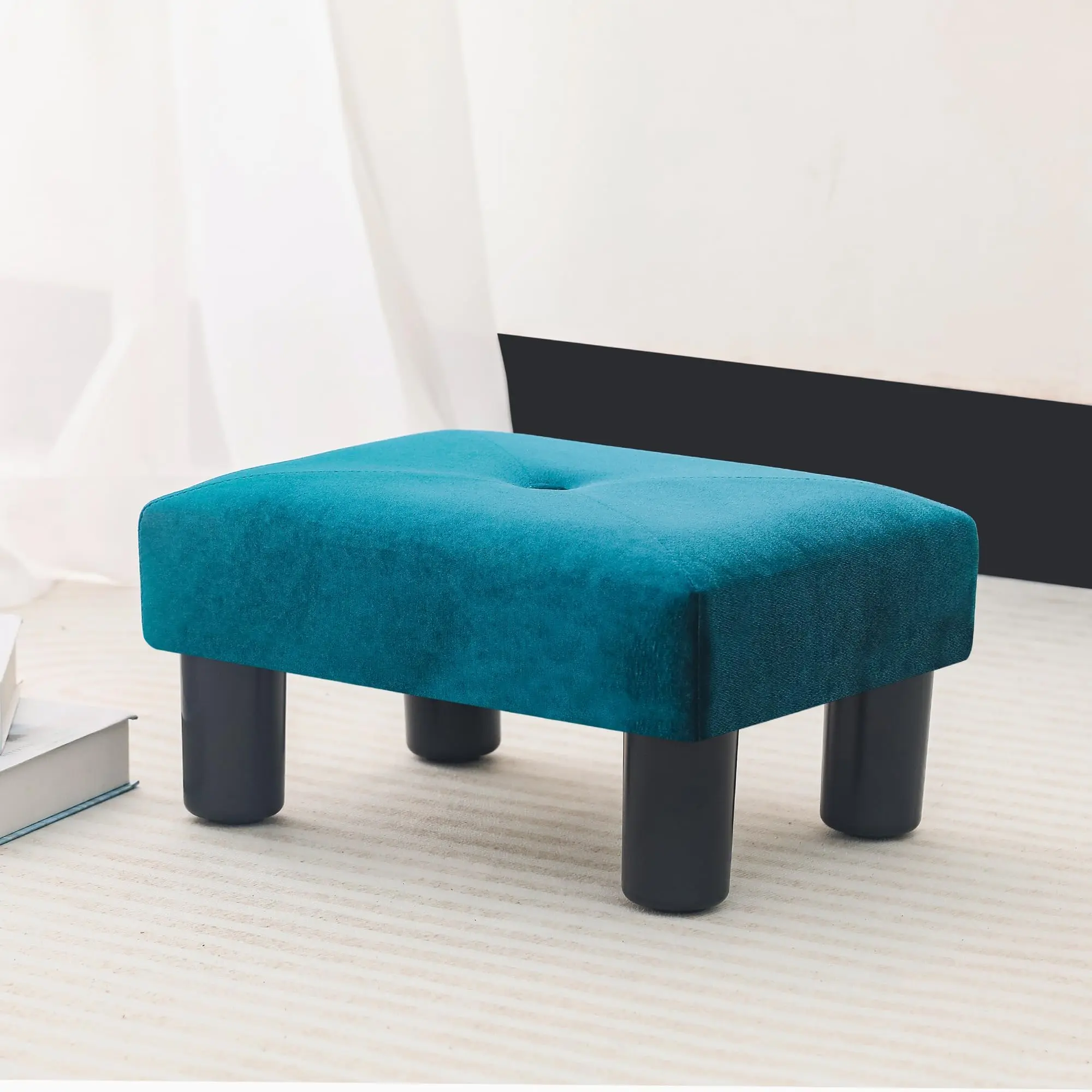 14.5 Inch Navy Velvet Footstool with Button Tufting, Small Low Footrest Ottoman for Couch, Under Desk & Office, Supports 150 lbs