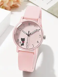 Korean Style New Fashion Women's Watch, Jelly Color Round Shell Cat Pattern, Silicone Strap Wristwatch, Stylish Ladies' Accessory